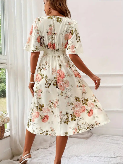 Women's Floral A-Line Dress - V-Neck - Short Flutter Sleeves - Knee-Length Flowy Fit
