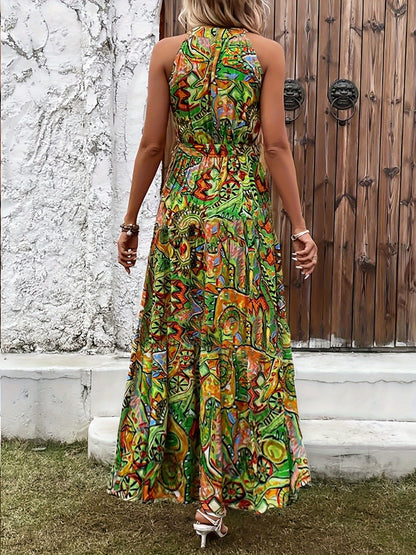 Halter-neck paisley print maxi dress with tie waist for women