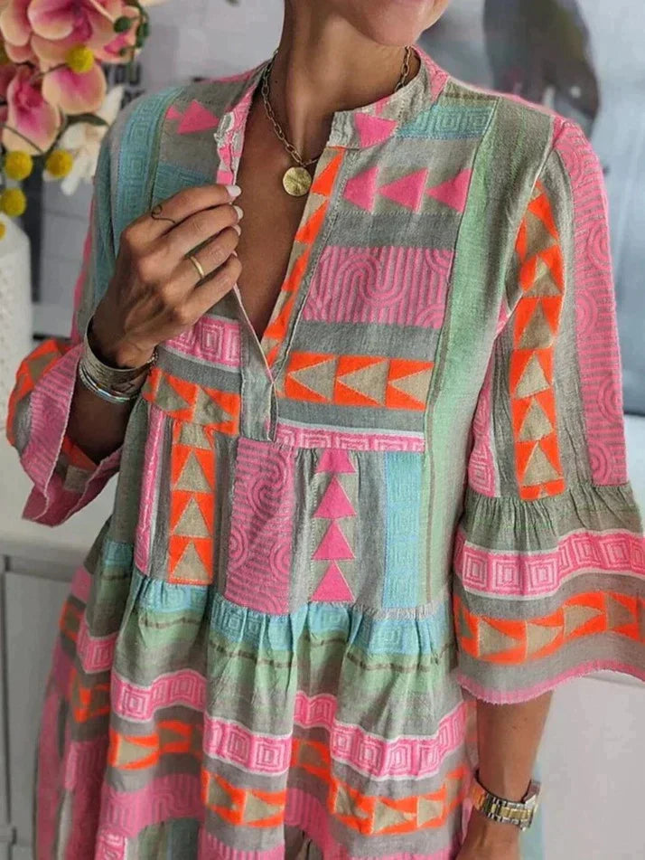 Women's Bohemian Midi Dress - Loose Fit - Tiered Layers - Lightweight Casual Wear