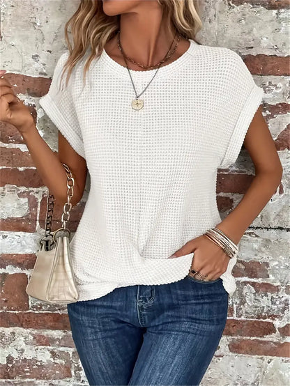 Women's Casual Top - Waffle Knit - Short Sleeve Rolled Cuff - Round Neck Relaxed Fit