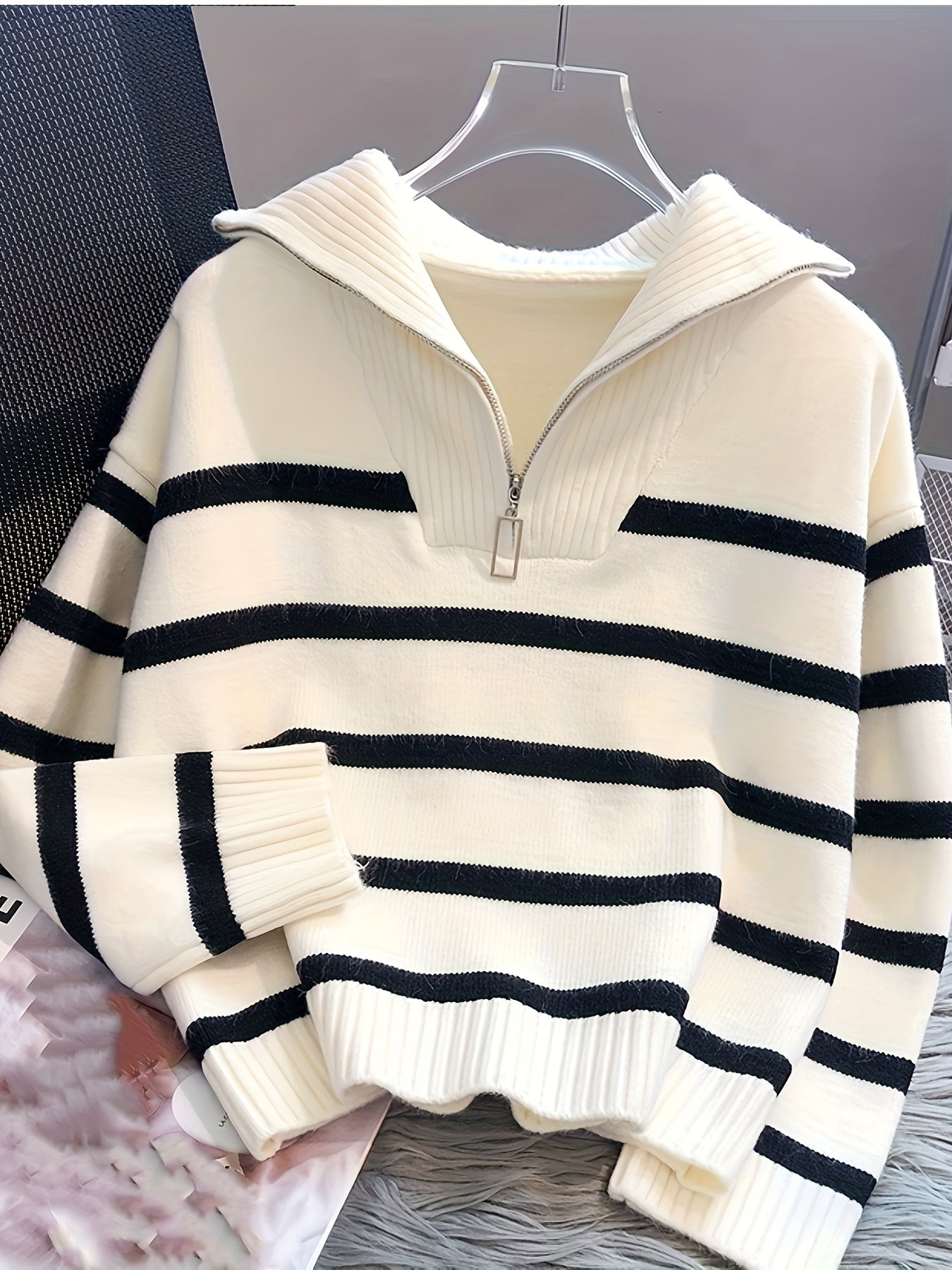 Striped quarter-zip pullover sweater with ribbed collar for women