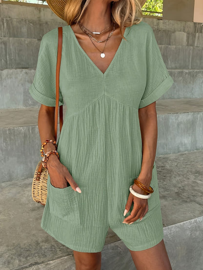 Women’s Romper - V-Neck Short Sleeve - Loose Fit with Front Pockets - Textured Fabric