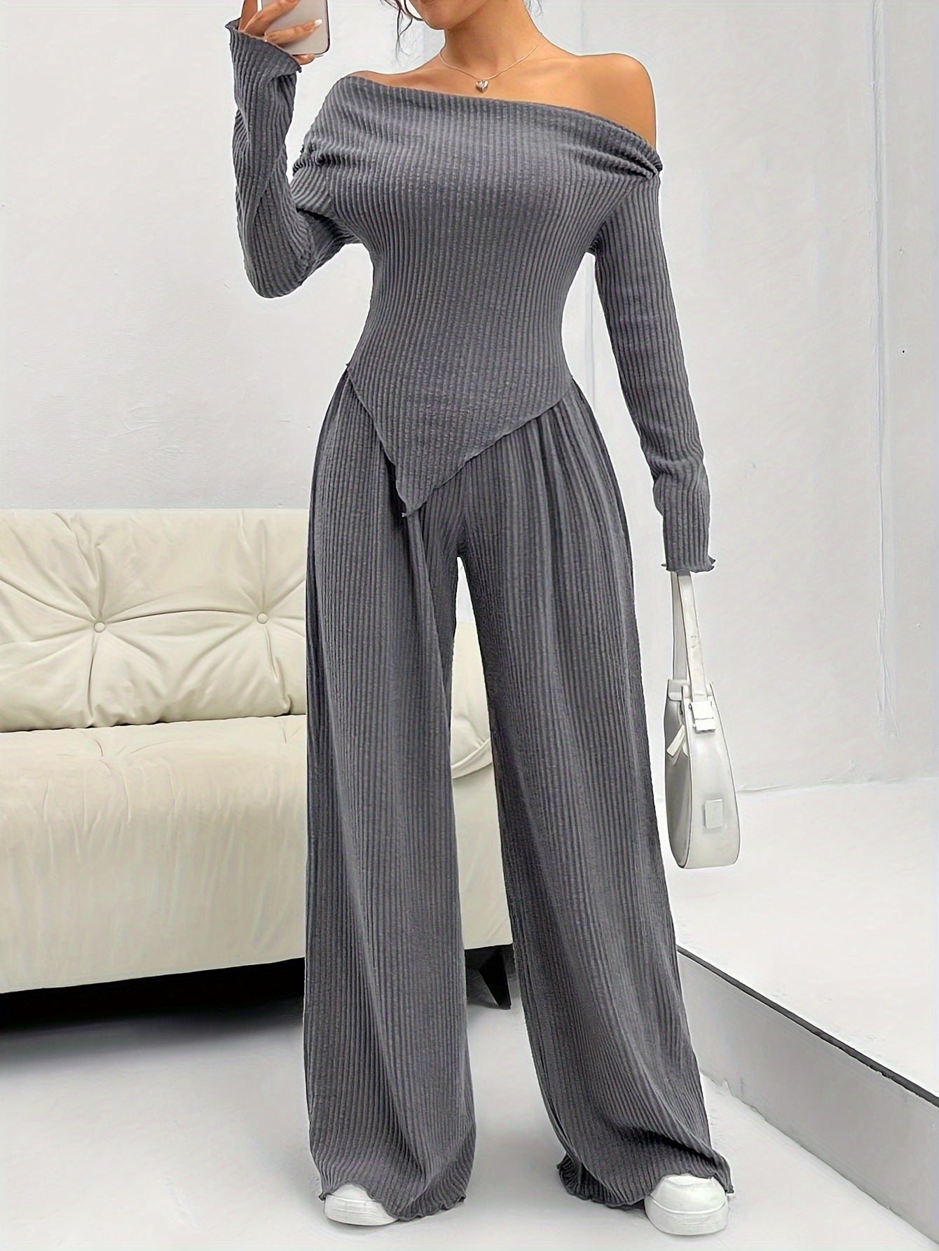Ribbed Off-Shoulder Wide-Leg Two-Piece Set
