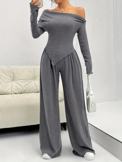 Two-piece off-shoulder ribbed top and wide-leg pants set for women