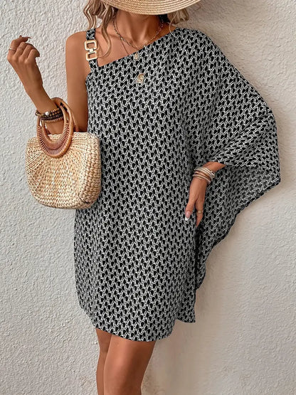 Women's One-Shoulder Dress - Knee-Length - Relaxed Fit - Draped Sleeve Elegant Design