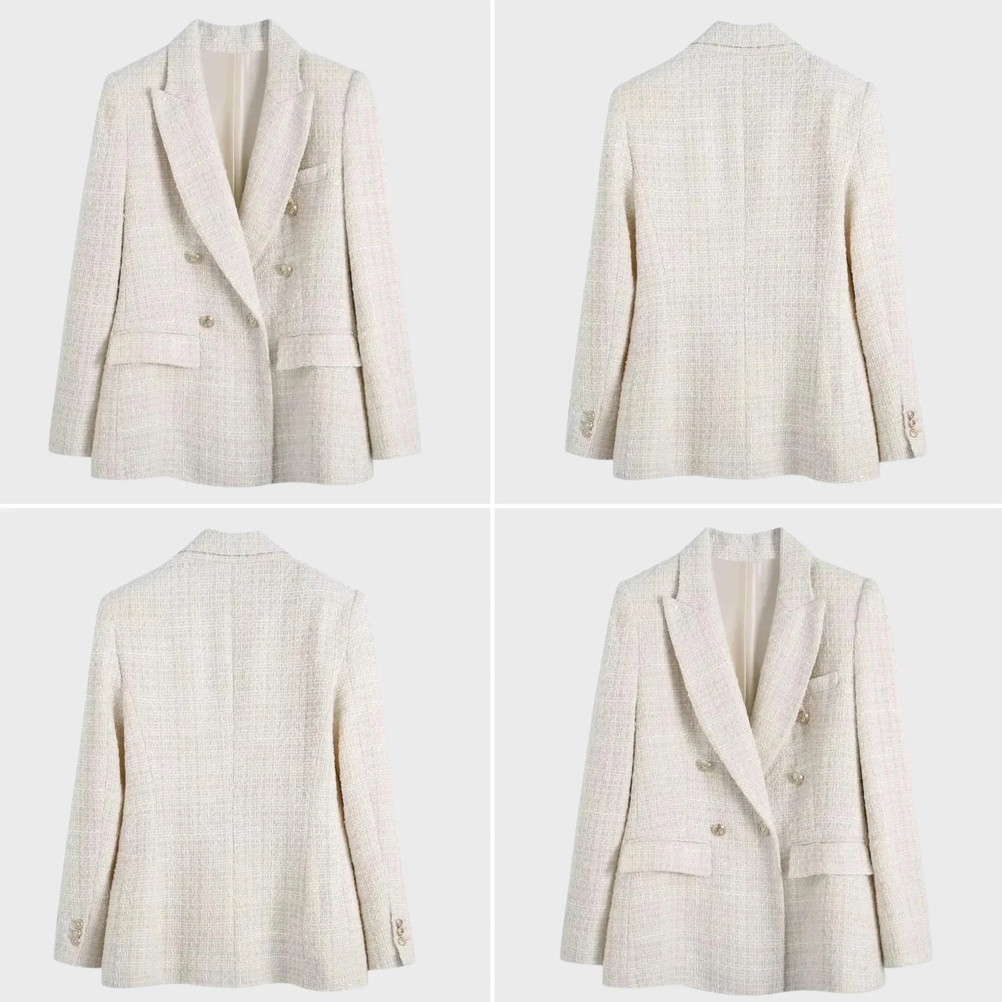 Women’s Blazer – Double-Breasted Tailored Fit – Notched Lapels – Textured Weave – Flap Pockets