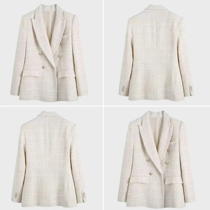 Women’s Blazer – Double-Breasted Tailored Fit – Notched Lapels – Textured Weave – Flap Pockets