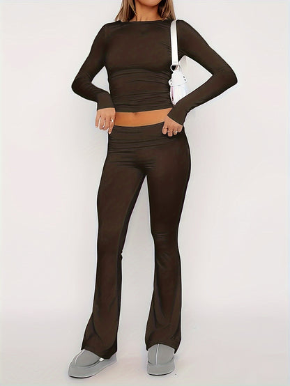 Women’s Two-Piece Set - Long-Sleeve Crew Neck Top & Flared Pants - Slim Fit Casual Wear