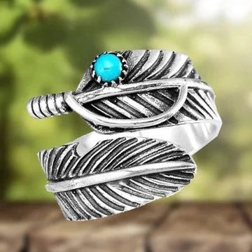 Boho feather turquoise adjustable ring