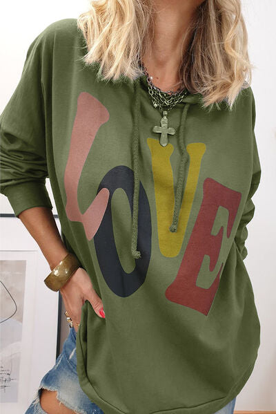 Women's love dropped shoulder hoodie with drawstring