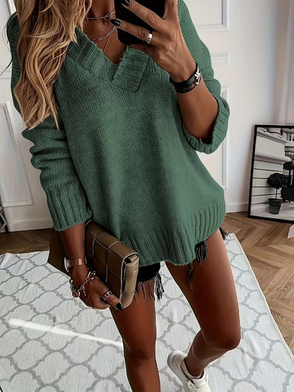 Knit v-neck long-sleeve sweater with ribbed edges for women