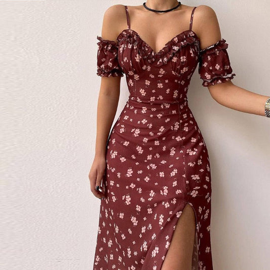 Women's Floral Dress - Off Shoulder Ruffle Sleeve - Spaghetti Straps - Maxi Length Slit