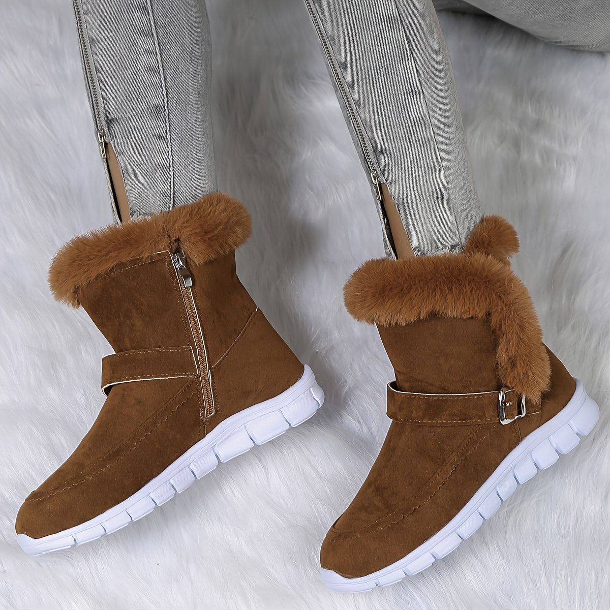 Women's snow boots with buckle and side zipper