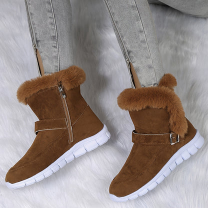 Women's snow boots with buckle and side zipper