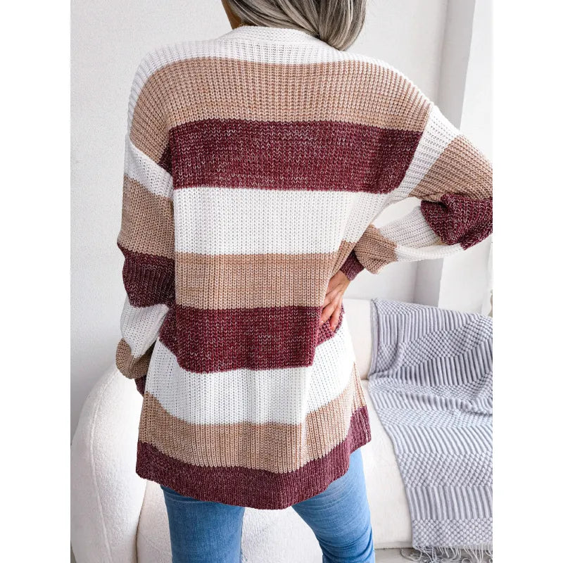 Women's contrast color striped lantern sleeve cardigan