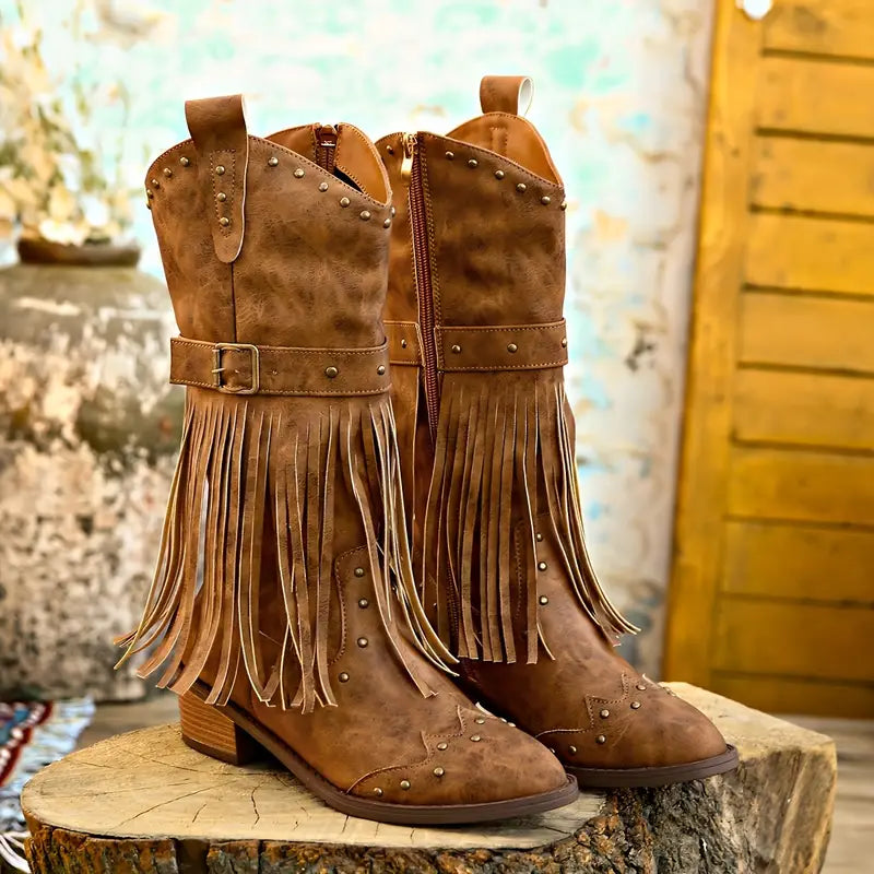 Women's vintage cowboy boots with tassel
