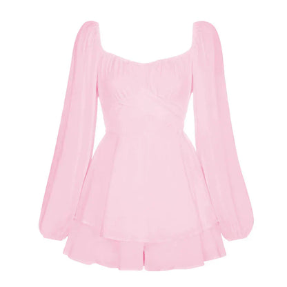 Women's Romper - Square Neckline - Long Puff Sleeves - Tiered Ruffled Skirt