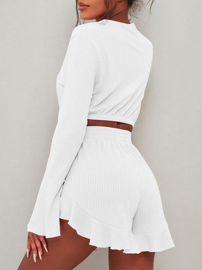 Women's lace long sleeve pajama shorts set