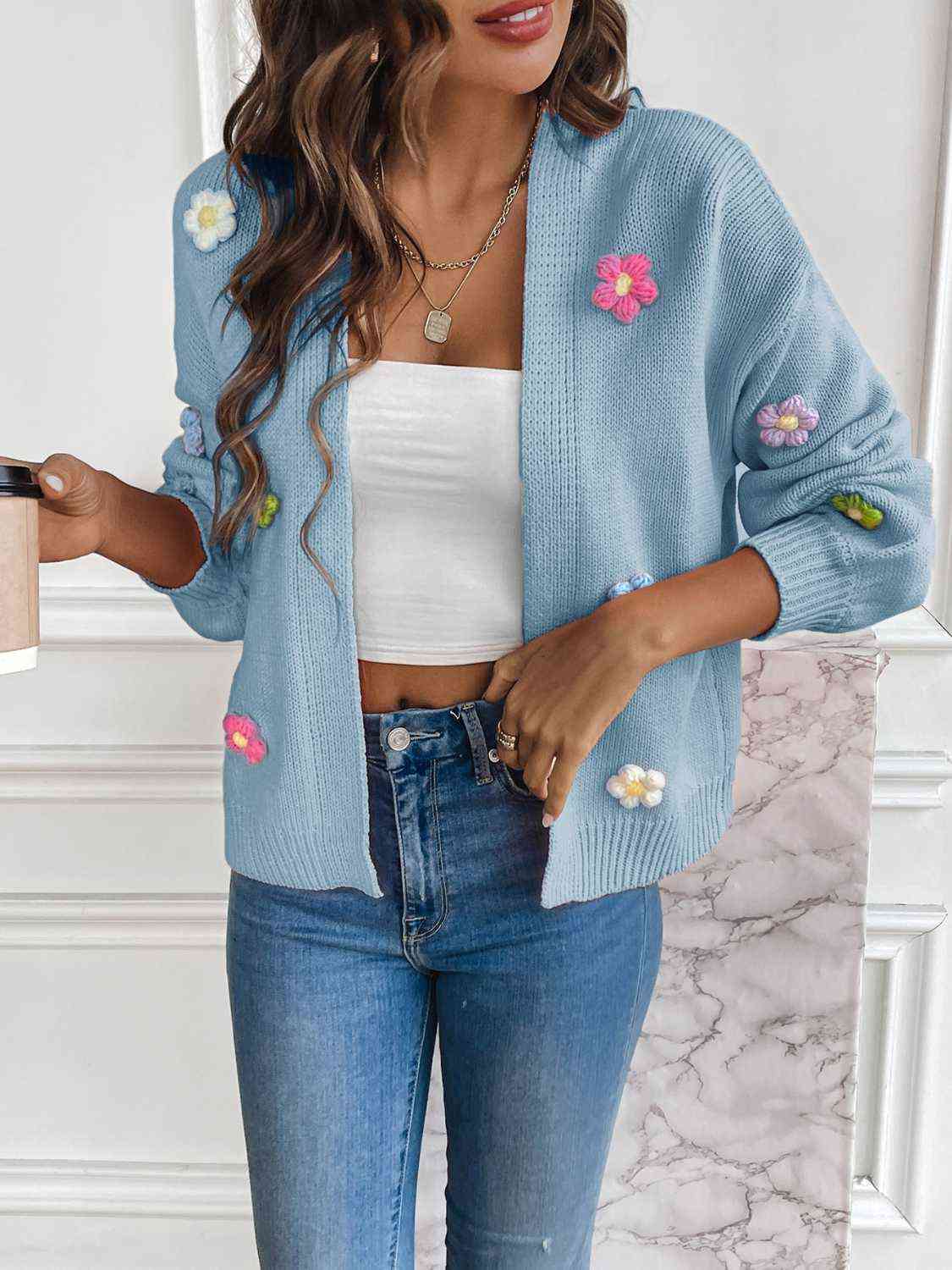 Women's Knit Cardigan - Long Sleeve - Floral Appliqué - Cropped Relaxed Fit
