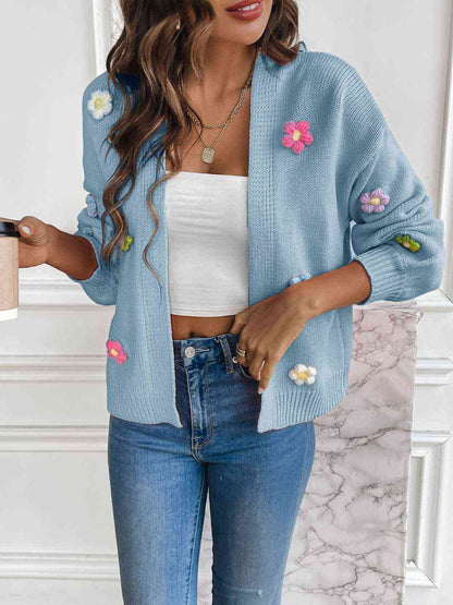 Women's Knit Cardigan - Long Sleeve - Floral Appliqué - Cropped Relaxed Fit