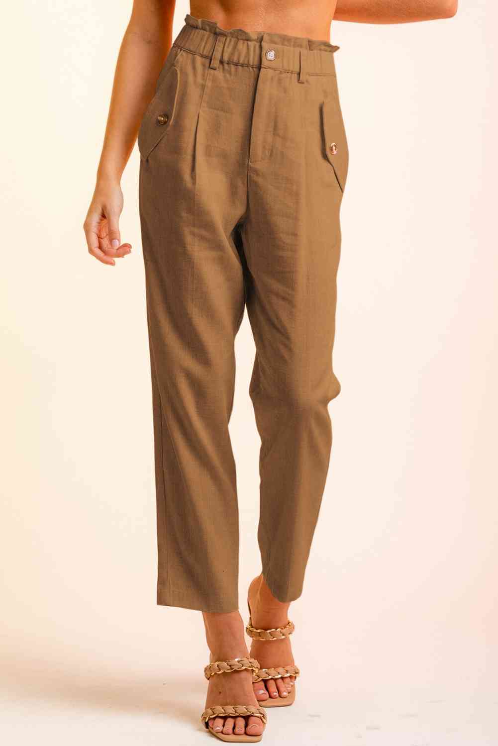 Women’s Cropped Pants – High Waist Paperbag Style – Button Detail – Tapered Fit Casual Wear