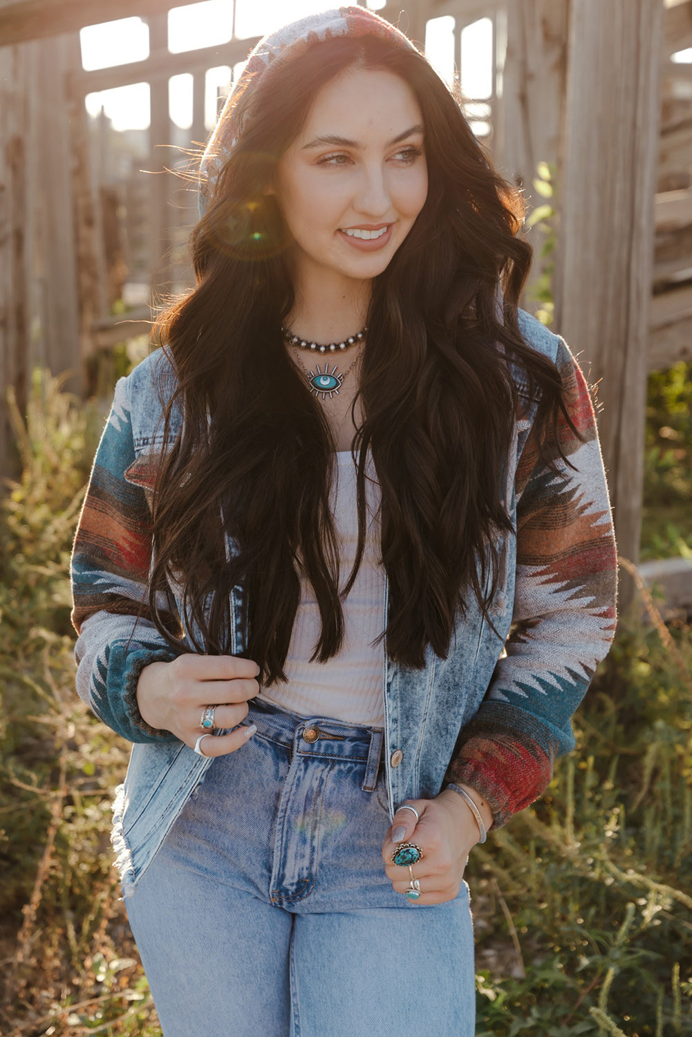 Elegant denim patchwork jacket with button-down design for women