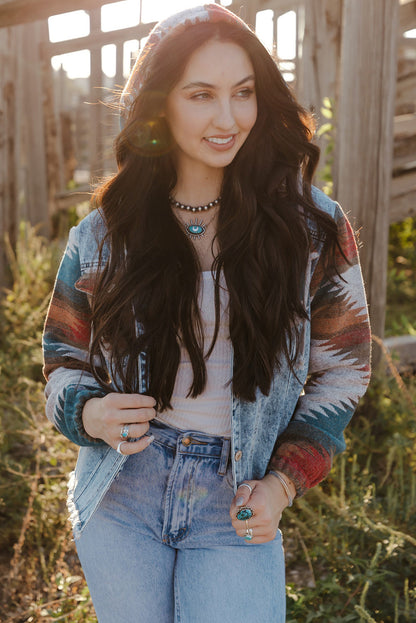 Elegant denim patchwork jacket with button-down design for women