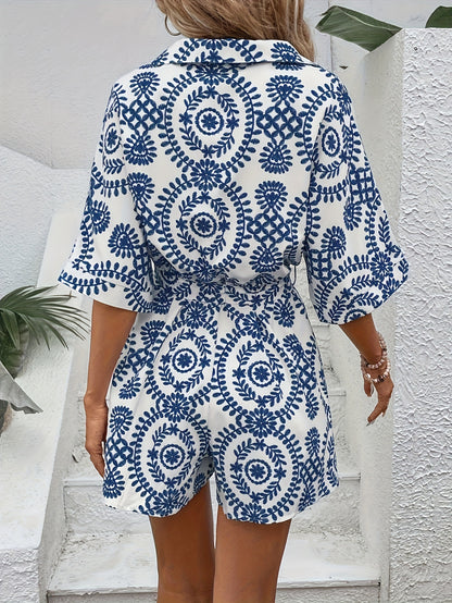 Women’s Romper - Button-Up Collared Neck - Short Sleeve - Tie-Waist Casual Wear