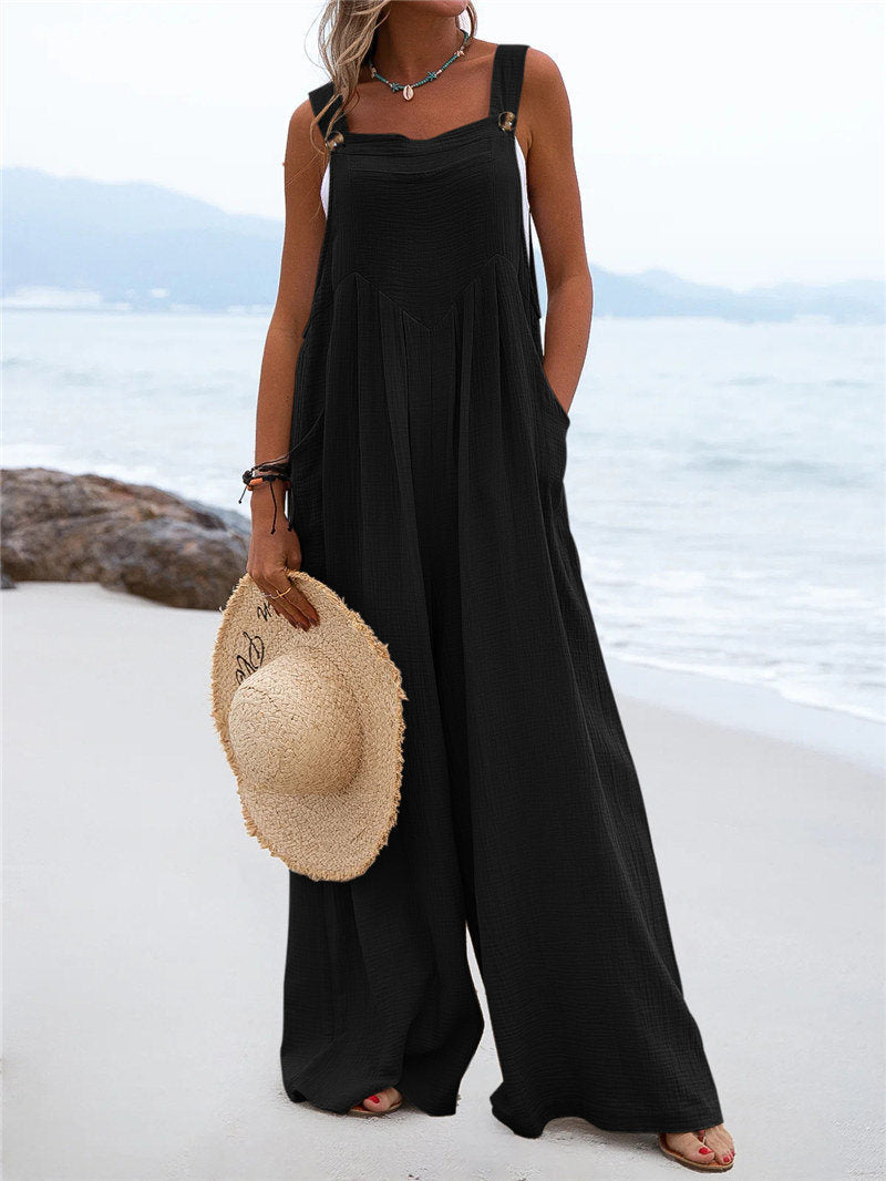 Women's Wide-Leg Jumpsuit - Breathable Fabric - Relaxed Fit - Button Straps & Pockets