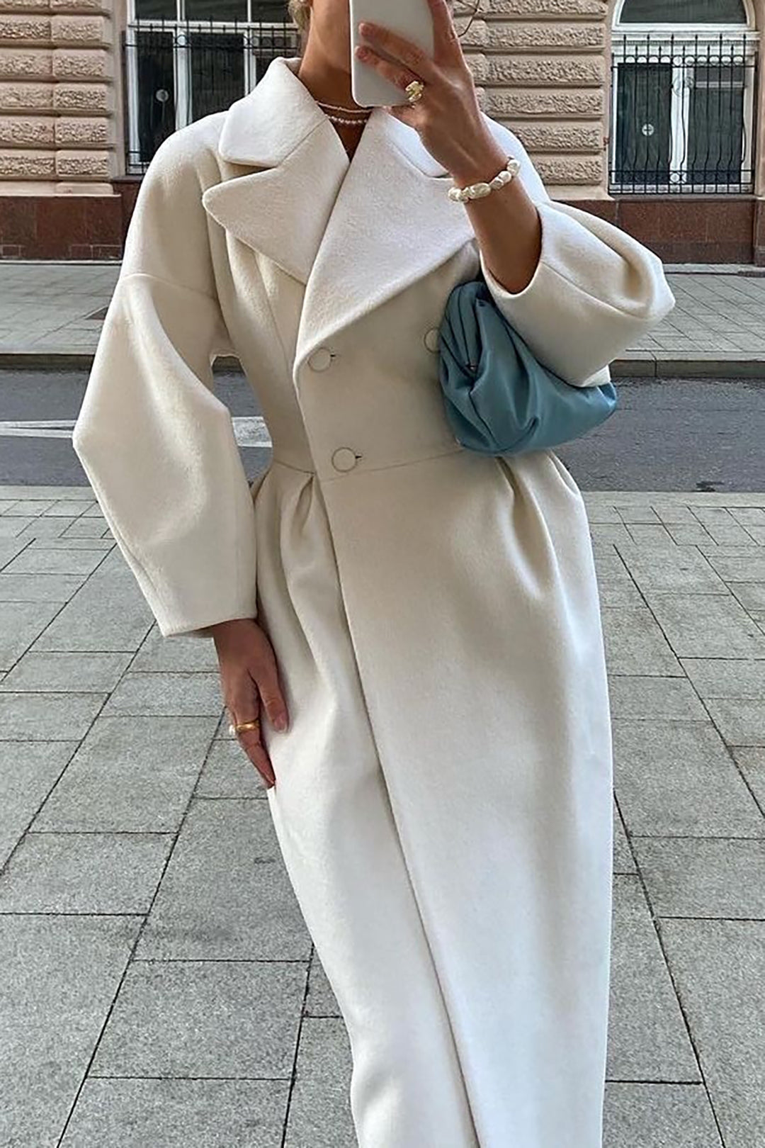 Women's double breasted midi coat with wide lapel and button closure