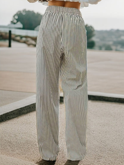 Women's Wide-Leg Pants - High-Waisted - Elastic Drawstring Waist - Striped Casual Fit