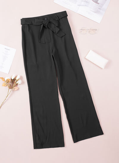 Women’s Wide-Leg Pants - High Waist - Tie Front Belt - Full Length Flowing Fit