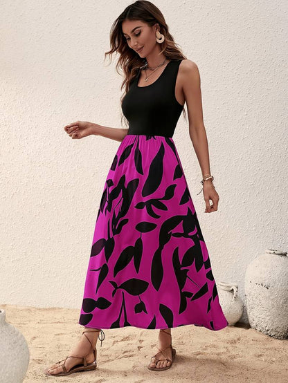 Women's Sleeveless Maxi Dress - Fitted Top - Flowy Botanical Print Skirt - Lightweight