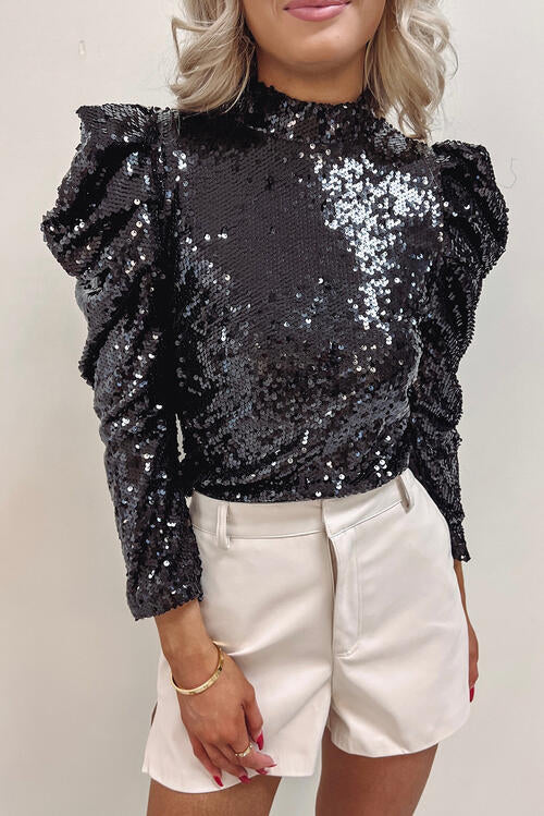 Women's sequin mock neck leg-of-mutton sleeve top