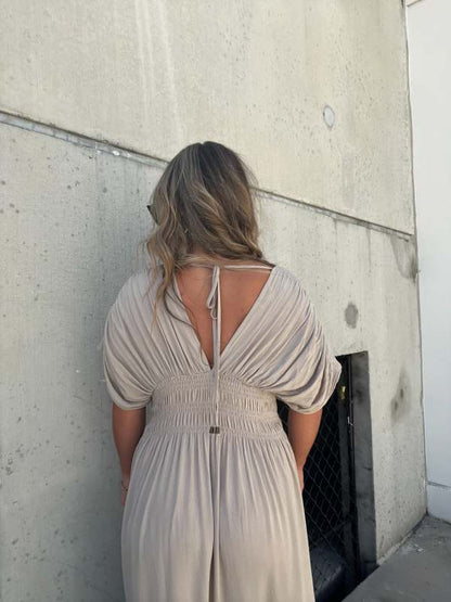 Women's Maxi Dress - V-Neck Short Sleeve - Flowing Fit with Side Slit