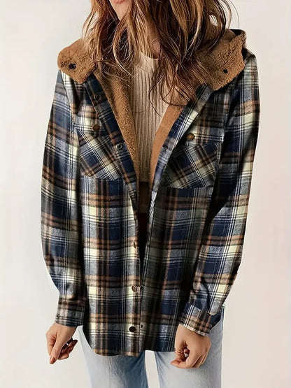 Women’s Hooded Shacket - Oversized Relaxed Fit - Sherpa Lined Collar and Hood - Snap Button Closure