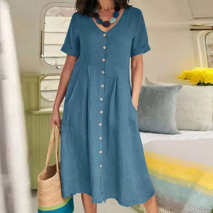 Women's Dress - Cotton Linen Blend - V-Neck Button Front - Short Sleeve Flared Fit