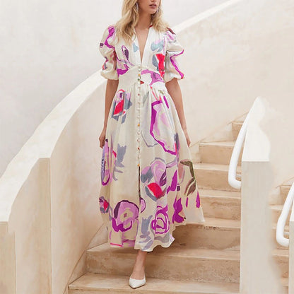 Women's Maxi Dress - V-Neck Button-Down - Puff Sleeve A-Line Flowy Print