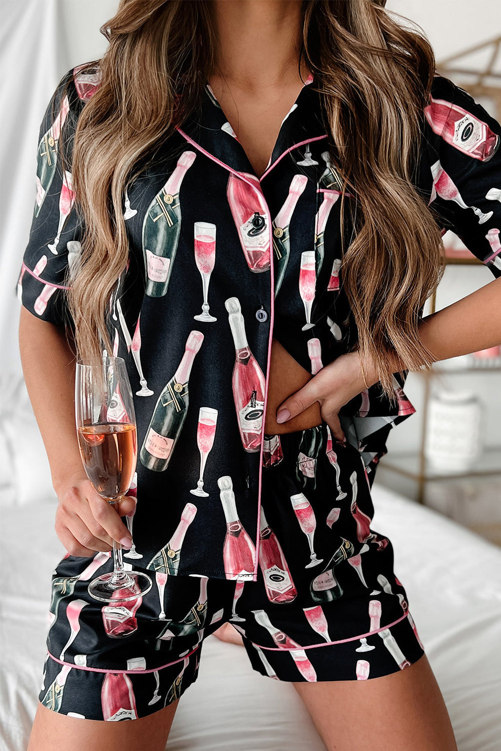 Women's Pajama Set - Short Sleeve Button-Up - Collared Top & Shorts - Lounge Wear