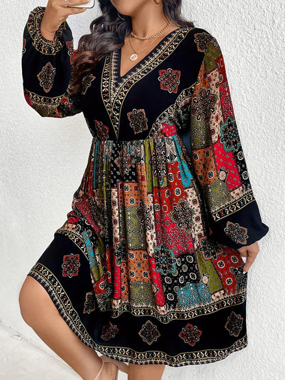 Women's Boho Midi Dress - V-Neck Patchwork Print - Long Sleeve Flowy Fit