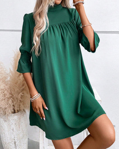 Women's Dress - Flowy Loose Fit - High Neck Ruffle - 3/4 Sleeve Elegant Style