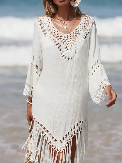 Women's Beach Cover-Up Tunic - Crochet Detail - Lightweight Flowy Fit - Fringe Hem