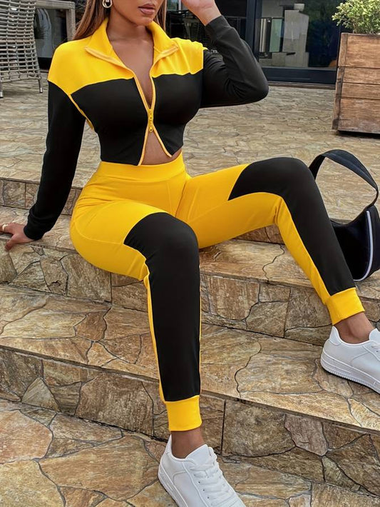 High-Waist Athletic Tracksuit Zip Jacket & Pants