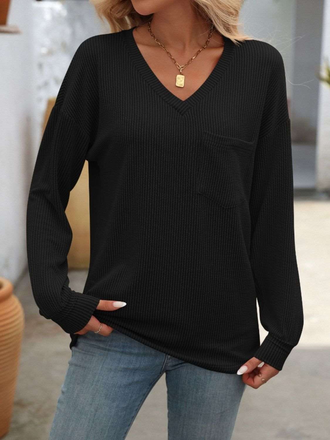 Women's V-Neck Sweater - Textured Knit - Long Sleeve - Relaxed Fit - Chest Pocket