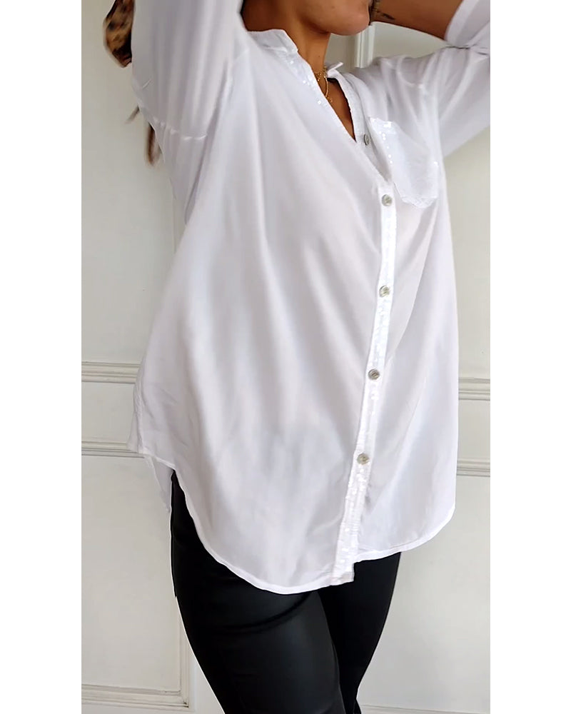 Women’s Blouse – Relaxed Fit – Sequin Placket and Pocket – Band Collar – Breathable Blend