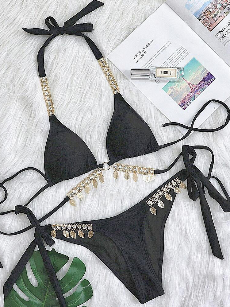 Women's Bikini Set - Triangle Top - Chain Strap Detail - Low-Rise Tie Bottoms