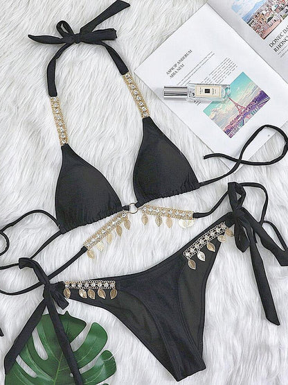 Women's Bikini Set - Triangle Top - Chain Strap Detail - Low-Rise Tie Bottoms
