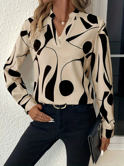 Women's V-Neck Blouse - Relaxed Fit - Abstract Print - Long Sleeve Elegant Design