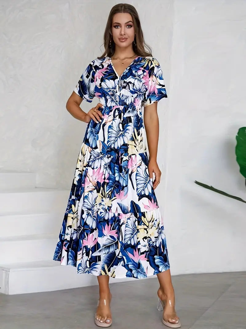 Women's Maxi Dress - Floral Print - V-Neck - Short Sleeve - Flowy Elegant Fit