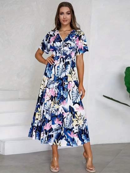 Women's Maxi Dress - Floral Print - V-Neck - Short Sleeve - Flowy Elegant Fit
